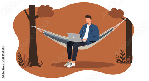 Man working on laptop in a hammock between trees outdoors, illustrating remote work, digital nomad lifestyle, and achieving work-life balance.