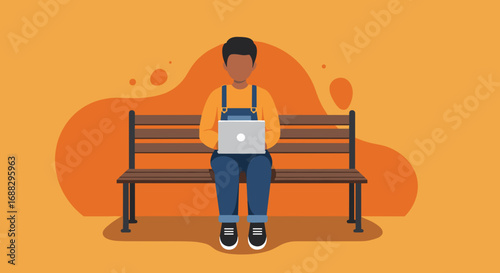 Young person working remotely on a laptop while sitting on a park bench. Ideal for concepts like freelance work, online learning, or a digital nomad lifestyle.