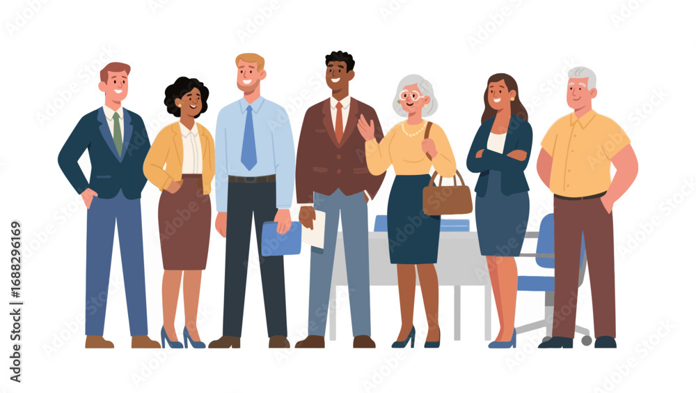 Obraz premium Diverse business team standing together in professional attire vector art