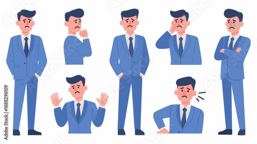 Depressed businessman in blue suit with various negative emotions depicted