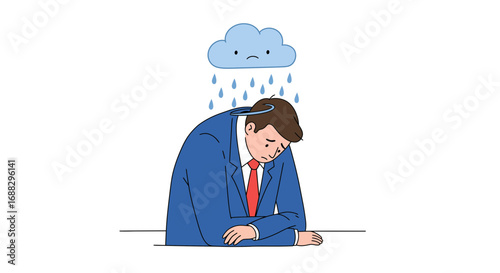 Depressed businessman with rain cloud over head illustrating mental health