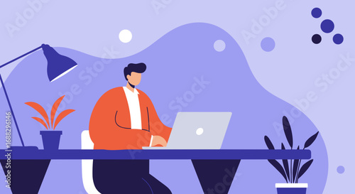 A focused man works diligently on his laptop at a modern desk, surrounded by office plants and a lamp. Ideal for themes of productivity, remote work, online learning, or digital business.