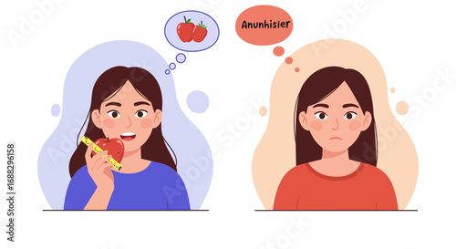 Dieting dilemma illustrated with woman measuring apple and feeling unhappy