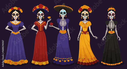 Dia de los Muertos celebration featuring women in traditional attire vectors