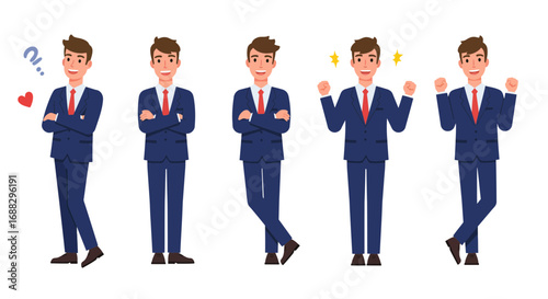 Diverse businessman in suit expressing various emotions and poses vector