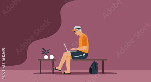 Senior man in casual attire working on a laptop, embodying flexible work, digital nomad lifestyle, or relaxed productivity.
