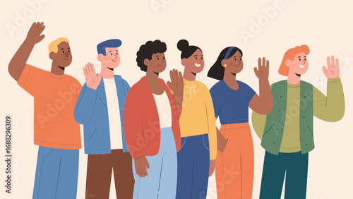 Diverse group of people waving hands with friendly gestures and happy expression