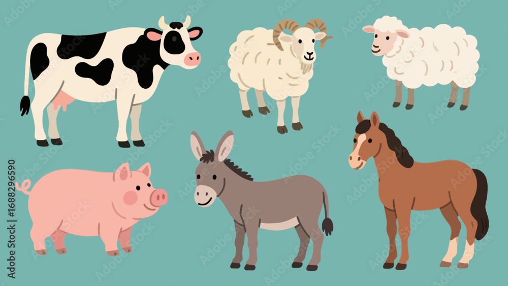 Obraz premium Farm animals cartoon illustration featuring cow sheep pig donkey horse