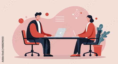 Two professionals collaborate on laptops at an office desk, illustrating modern business communication, teamwork, and digital productivity. Ideal for corporate, technology, or lifestyle themes.