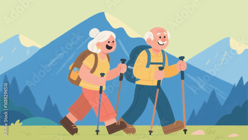 Elderly couple hiking in mountains with trekking poles enjoying retirement