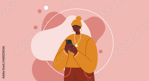 Stylish woman uses smartphone, engaging with digital content, browsing online, or connecting socially. Perfect for modern lifestyle and communication themes.