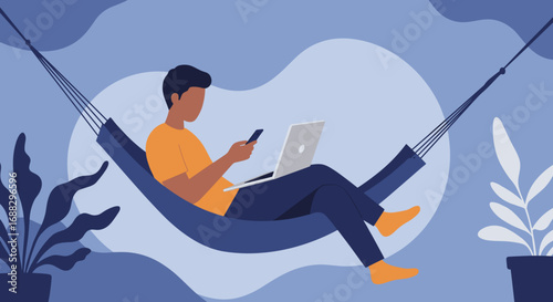 Person in a hammock using a laptop and smartphone, embodying remote work, digital nomad lifestyle, or leisurely digital connectivity.