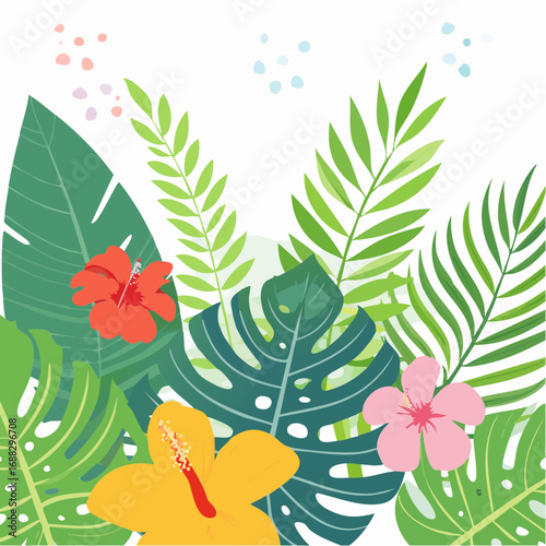 Vibrant summer illustration featuring tropical palm leaves, monstera plants, and colorful hibiscus flowers.