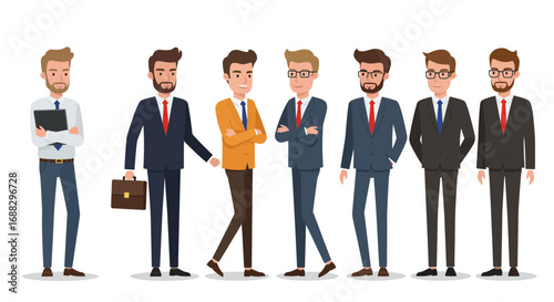 Group of business men in suits standing in a row vector illustration
