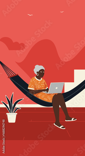 An elderly Black woman relaxes in a hammock while using her laptop outdoors, symbolizing modern senior life, remote work, or leisurely digital connection.
