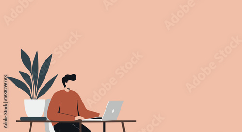 Focused man working on laptop at a clean desk with a potted plant, ideal for remote work, business, online learning, or modern lifestyle.