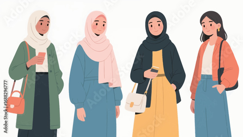 Group of diverse young women in modest fashion standing together smiling