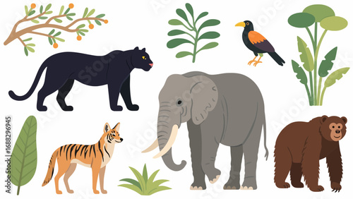 Jungle animals illustration set features elephant, panther, bear, and foliage