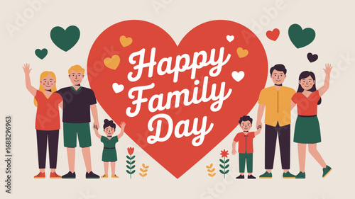 Joyful family day illustration with parents, children, hearts and flowers