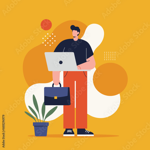 Professional man in modern flat design works remotely on laptop, holding a briefcase. Represents business, digital work, and entrepreneurship.