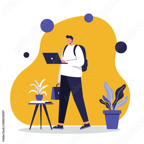 Modern man working on a laptop, carrying a briefcase and backpack, symbolizing remote work, digital lifestyle, and business mobility.