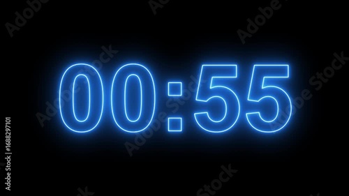 Glowing neon colorful 1 minute countdown animation from 60 seconds to 0 seconds. 1 minute countdown timer on a black background. 4k video
