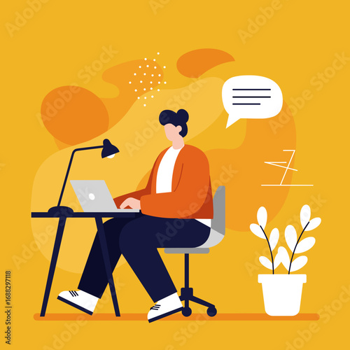 Focused individual working remotely on a laptop at a modern desk, with a speech bubble symbolizing online communication. Perfect for business, freelance, and digital lifestyle concepts.