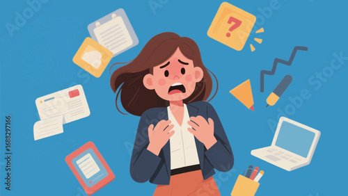 Overwhelmed professional woman surrounded by floating office supplies