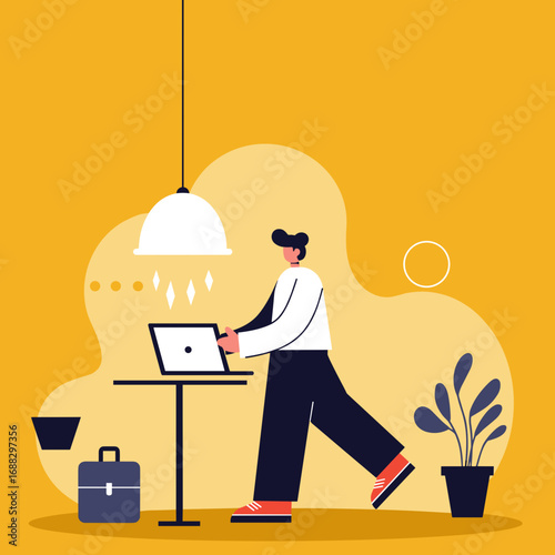 Modern illustration of a person working on a laptop at a standing desk, embodying flexible work, entrepreneurship, and a contemporary business lifestyle.