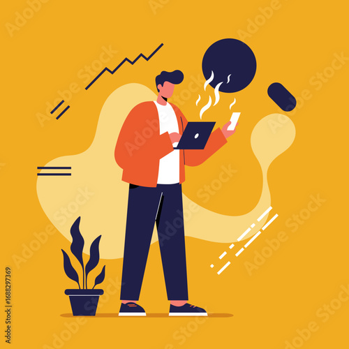Young man efficiently multitasking with laptop and smartphone, showcasing modern remote work and digital communication on a vibrant background. Ideal for technology and business concepts.