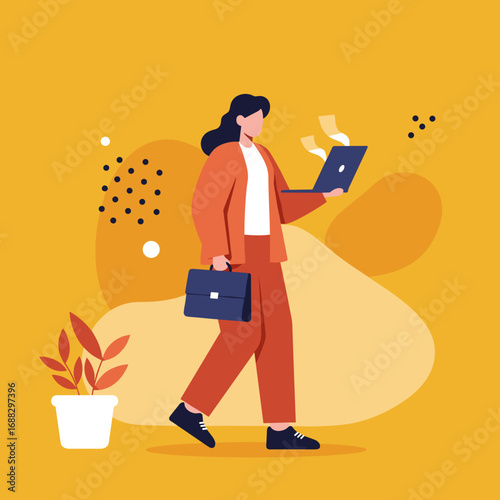 Professional woman walking with a laptop and briefcase, symbolizing modern business, remote work, and busy professionals on the go.
