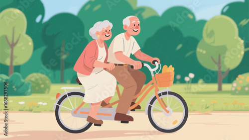 Senior couple enjoy cycling together in a park with trees and flowers