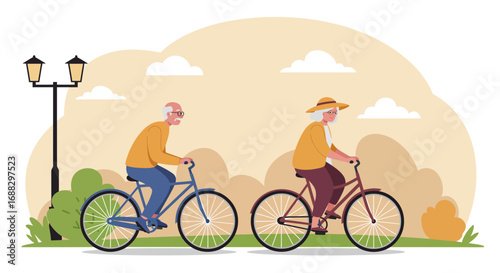 Senior couple enjoying a bike ride in the park on a sunny day illustration