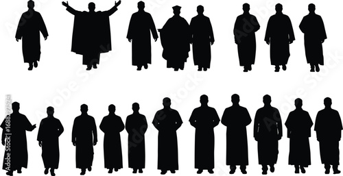 Silhouettes of religious priests in robes, various poses and gestures, isolated on white background, spiritual leaders, traditional clergy attire