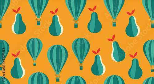 Whimsical teal hot air balloons and pears float on vibrant orange background