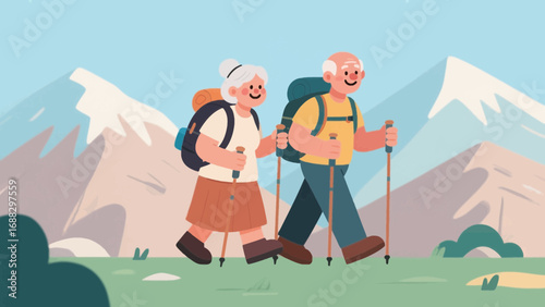 Senior couple enjoying hiking in the mountains with trekking poles outdoors
