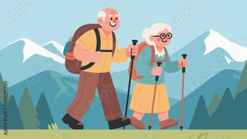 Senior couple enjoying hiking in mountains with backpacks and trekking poles