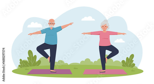 Senior couple practicing yoga outdoors for healthy retirement living