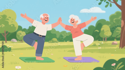 Senior couple practicing yoga outdoors in nature for healthy lifestyle
