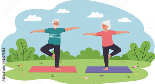 Senior couple practicing yoga outdoors in nature for healthy lifestyle
