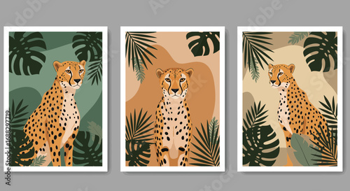Three cheetahs with tropical leaves artwork in neutral tones illustration