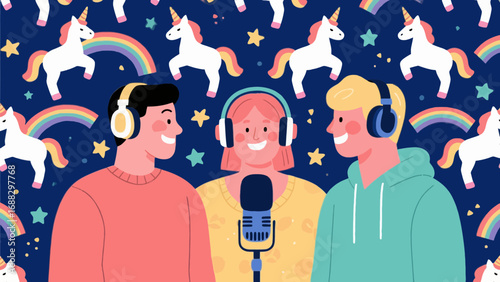 Three podcasters with headphones recording a show against a unicorn backdrop