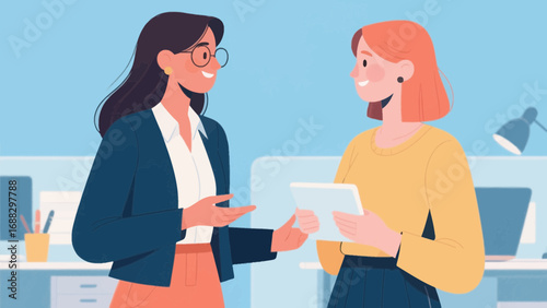 Two businesswomen in professional attire discussing work in office space