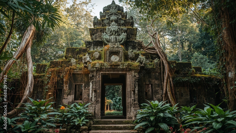 Fototapeta premium Whispers of Stone, Echoes of Green. An Ancient Structure Emerging from the Jungles Embrace.