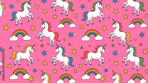 Whimsical pattern with unicorns, rainbows, stars on pink backdrop design