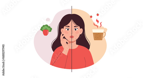 Woman faces choice between healthy food and sugary drink for her diet