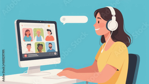 Woman with headphones in online meeting on computer with diverse group