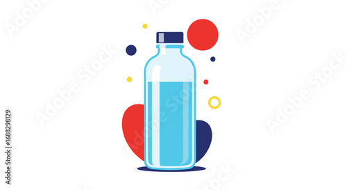 Refreshing blue water bottle concept with vibrant abstract shapes, perfect for health and wellness themes.