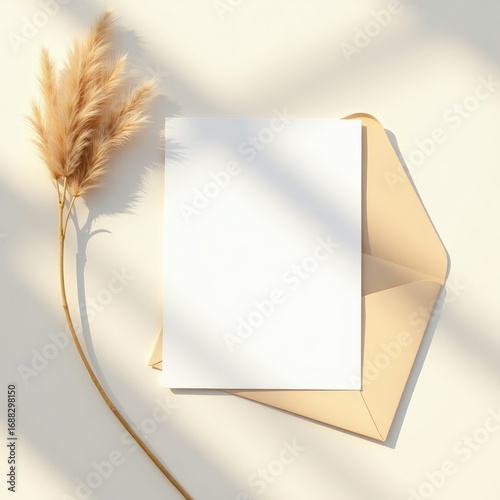 Invitation card mockup a blank white card resting on an open tan envelope with a sprig of pampas grass on a light surface