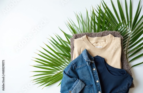 Wallpaper Mural Assortment of stylish clothing items including denim shirt, beige sweater, navy top, arranged with green palm leaves. Casual yet elegant collection suggests comfortable wear for various seasons like Torontodigital.ca